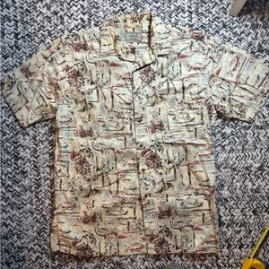 Mens Large Vintage Weekender Nautical Short -Sleeve Printed Button-Down Shirt